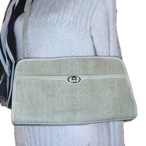 Etienne Aigner Cream Jute & Faux Leather Trim Crossbody Bag